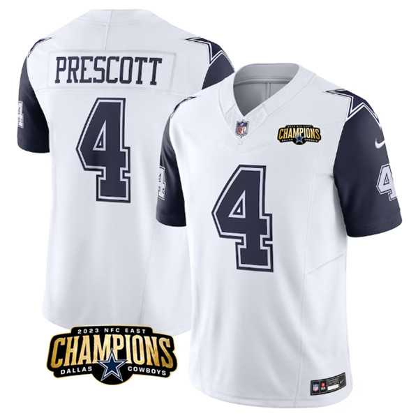 Men & Women & Youth Dallas Cowboys #4 Dak Prescott White Navy 2023 F.U.S.E. NFC East Champions Patch Stitched Jersey